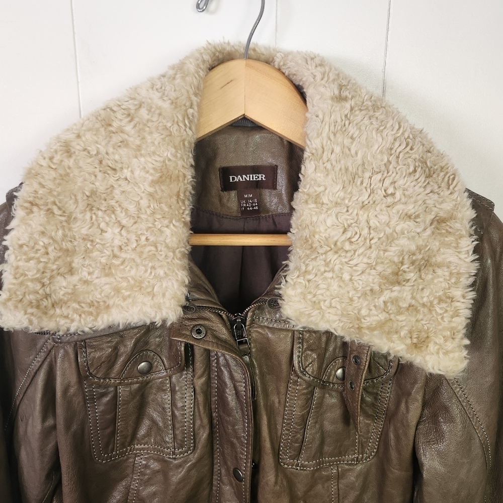 Vintage Leather Jacket Green Aviator Shearling Collar Cuffs 1990s Womens Medium - Picture 5 of 16